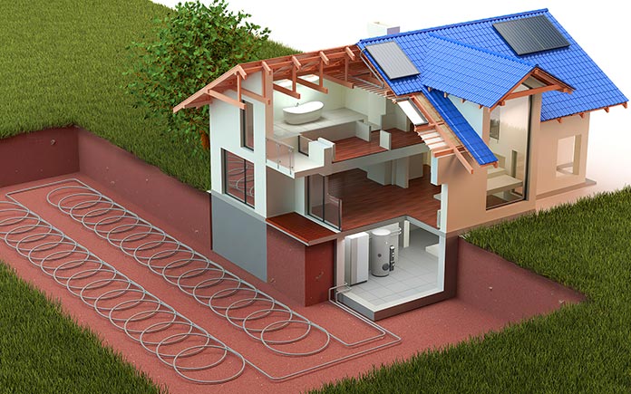 Illustrated diagram of a geothermal heat pump, showing underground pipes that supply ground-source heat