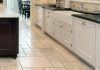 Closeup of stunning upscale kitchen floor with raised panel cabinets and the toe kick
