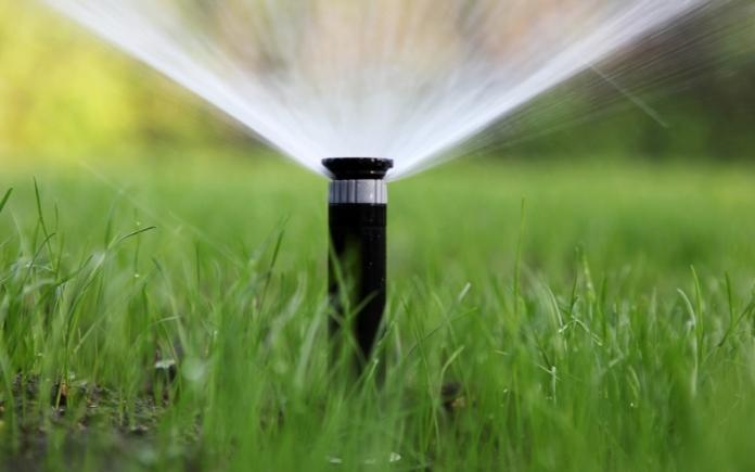 A sprinkler head spraying water on a green yard