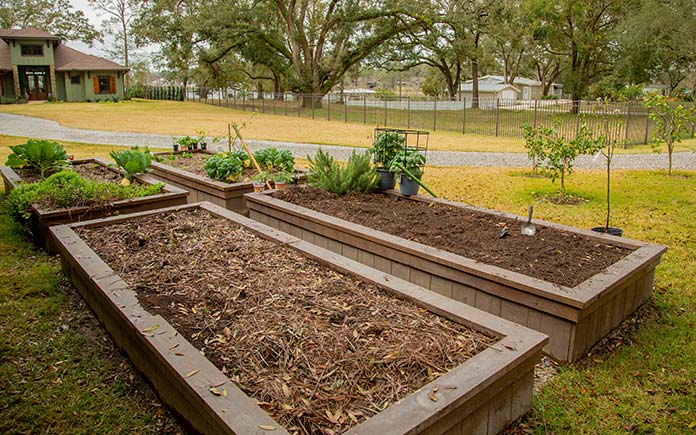 Raised garden bed, seen at a riverfront home