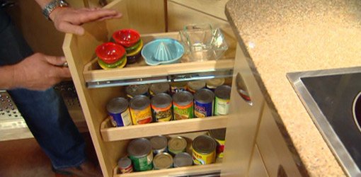 Pullout tray rack on corner kitchen cabinet