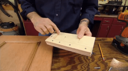 wooden jig for drilling holes for cabinet hardware