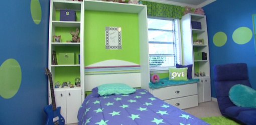 Completed child's bedroom makeover with Murphy bed and built-in shelves.