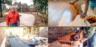 “Today’s Homeowner” host Danny Lipford, seen at the Kuppersmith House in Mobile, Alabama, along with photos of sanding heart pine floors, laying landscape fabric over a paver patio, and building a brick grilling station.