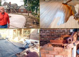 “Today’s Homeowner” host Danny Lipford, seen at the Kuppersmith House in Mobile, Alabama, along with photos of sanding heart pine floors, laying landscape fabric over a paver patio, and building a brick grilling station.