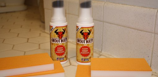 Bottles of Grout Bully tile grout cleaner