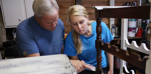 Danny Lipford with daughter, Chelsea, applying chalk and crackle finishes to furniture.