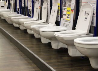 Row of toilets lined up in a showroom in Moscow, Russia