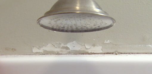 Peeling paint above shower surround.