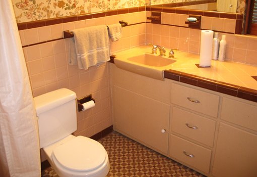 Dated bathroom with brown tile before remodeling.