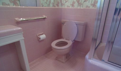 Pink tile bathroom and toilet.