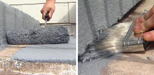 Using a paint roller and paintbrush to apply textured acrylic concrete coatings to concrete steps.
