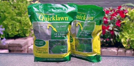 Bags of Quicklawn grass seed.