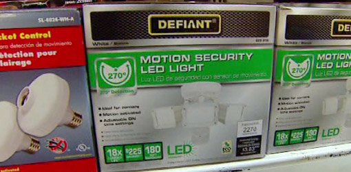 Box containing Defiant motion activated LED security light.
