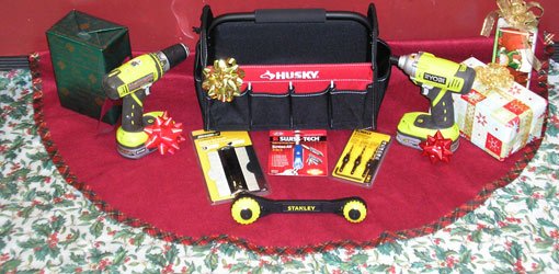 Tool gift ideas on red Christmas tree