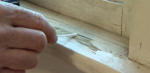 Rubbing a cotton swab on peeling paint on a windowsill.