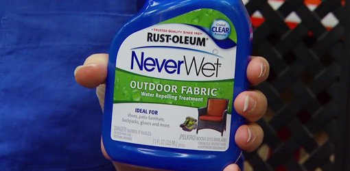 Bottle of NeverWet Outdoor Fabric Spray from Rust-Oleum.
