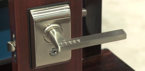 Liscio keyless entry door lock from Emtek in satin nickel finish.