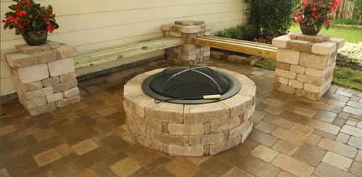 Paver patio with benches and fire pit.