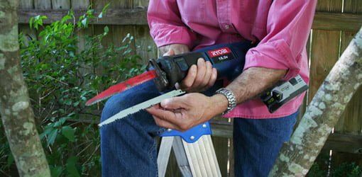 Man holding standard and pruning blades with reciprocating saw.
