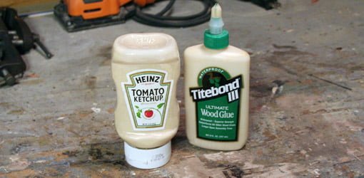 Wood glue in wide top, condiment bottle with bottle of wood glue next to it.