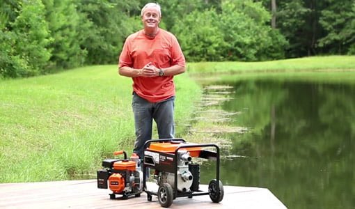 Danny Lipford standing on dock at pond with Generac water pumps.