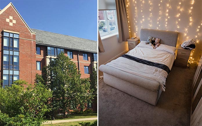 College exterior, seen at left. Inside a girl's dorm room, at right.