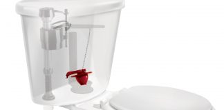Illustration of a toilet with a see-through tank and a red Fluidmaster flapper