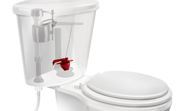 Illustration of a toilet with a see-through tank and a red Fluidmaster flapper 