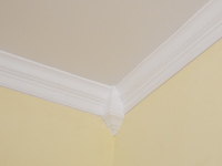 Crown molding with wood corner block on yellow walls.