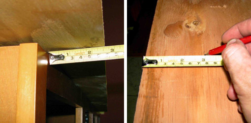 Measuring from cabinet face to plywood, then transferring the measurement to top of plywood.
