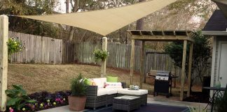 Upgraded patio with new furniture, shade sail, new flowers and resurfaced concrete
