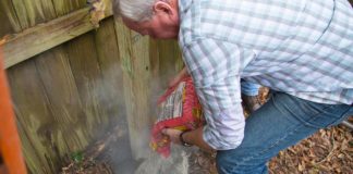Danny Lipford pouring concrete mix into a fence hole