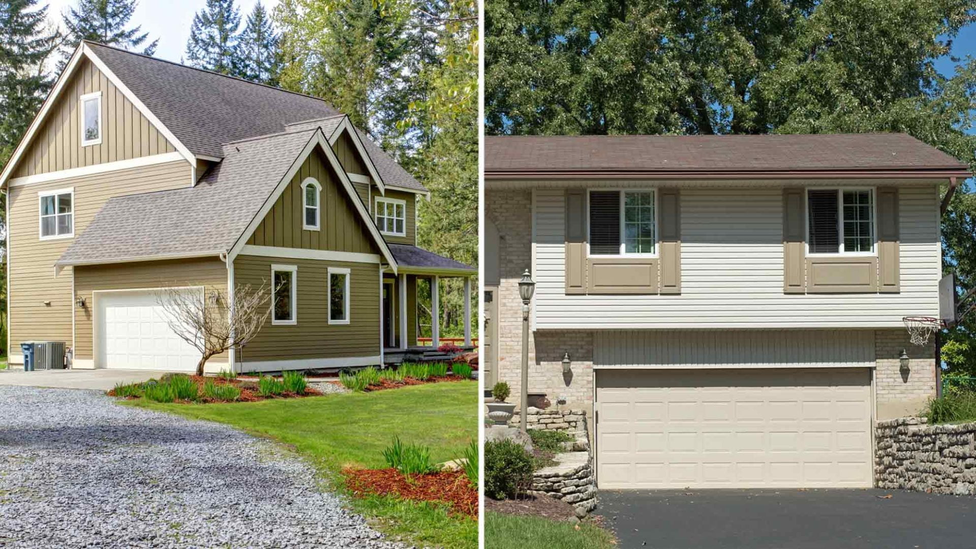 House with gravel driveway on the left; house with asphalt driveway on the right