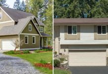 House with gravel driveway on the left; house with asphalt driveway on the right