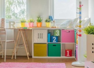 Kids' room toy storage, canvas totes stores in bookcase