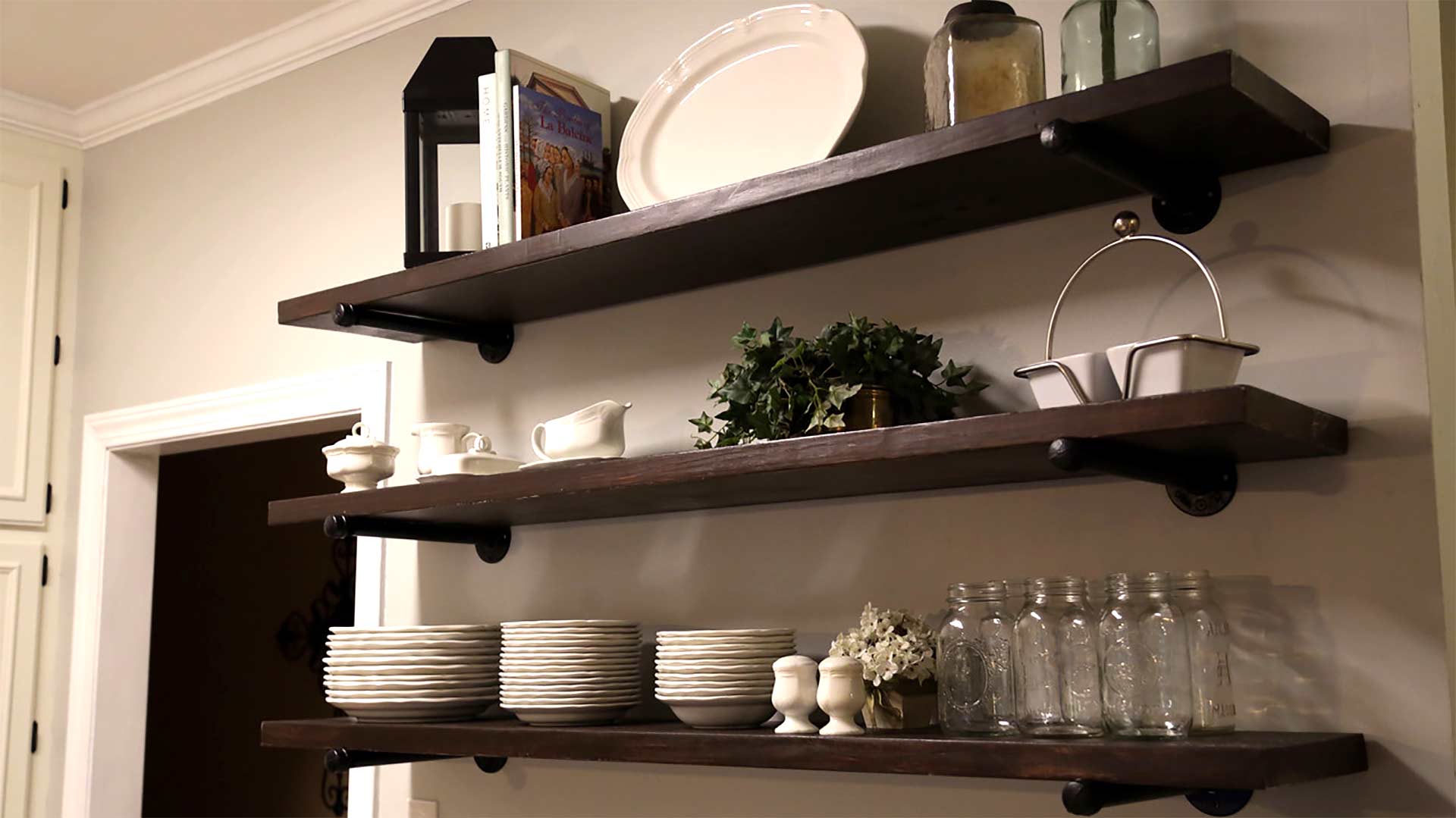 Open shelving in a kitchen