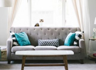 Living room couch with throw pillows and a cat sitting on the console table