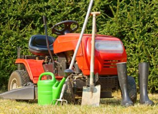Riding lawn mower with gardening tools