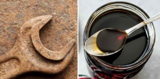 Split screen image of a rusted wrench on the left and a jar of molasses on the right