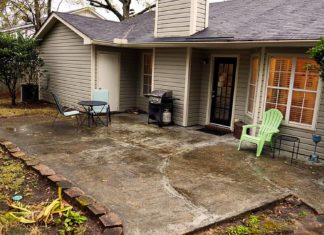 Worn-out concrete patio on a gloomy Sunday