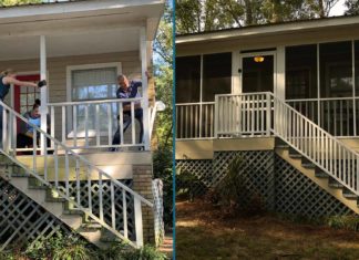 Split screen showing the before and after shots of screening in a back porch