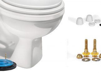 Illustration of toilet with a no-wax seal, caps, screws and other parts