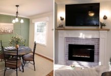 Split screen of Barbara Crigler's completed dining room with green accent wall and her living room with a whitewashed fireplace and stained mantel.