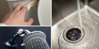 Flushing a toilet; a shower head with running water; and a kitchen sink with running water