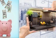 Dollars falling into piggy bank and architect's rendering of remodeled kitchen