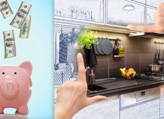 Dollars falling into piggy bank and architect's rendering of remodeled kitchen