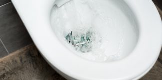 Closeup, overhead view of a toilet, mid-flush, as cash goes down the drain