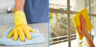Gloved hands cleaning countertops and washing windows