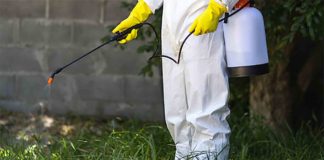 Pest control employee applies termite treatment on the ground